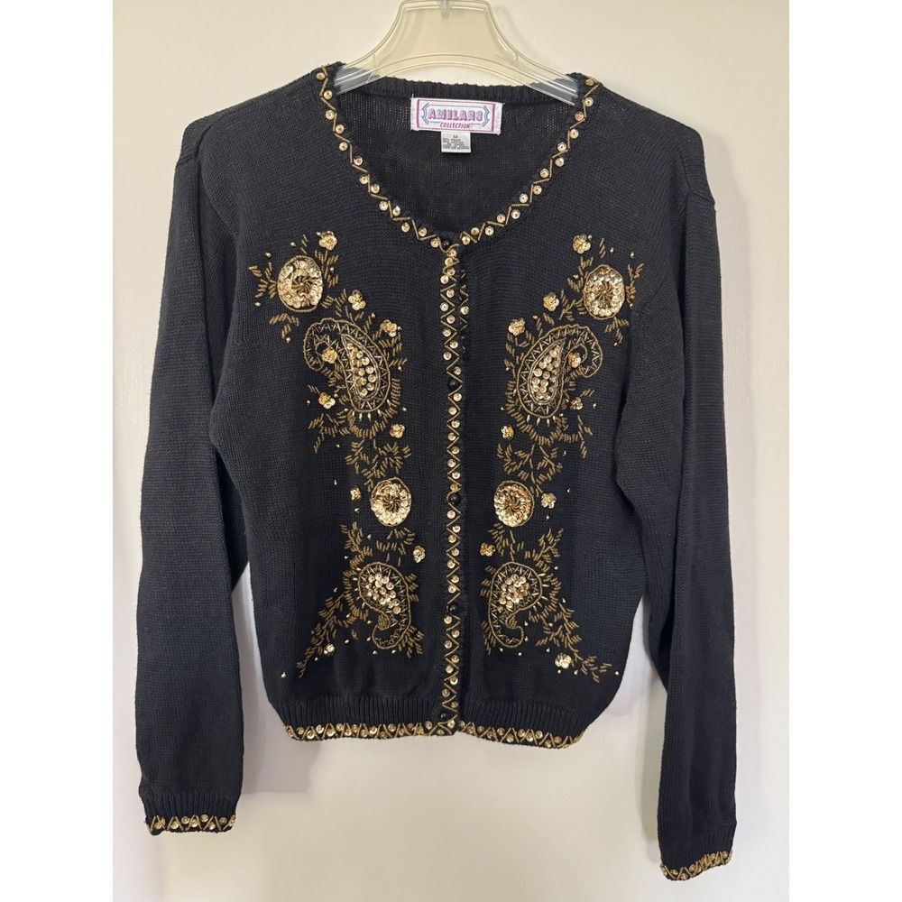 Vintage Amilano Women's Black Sweater Embroidered Gold Beaded Romantic Glam